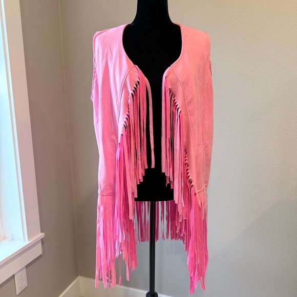 Jackets & Blazers - Hot pink 70’s retro hippie cowgirl costume fringe faux suede vest size XXXL
